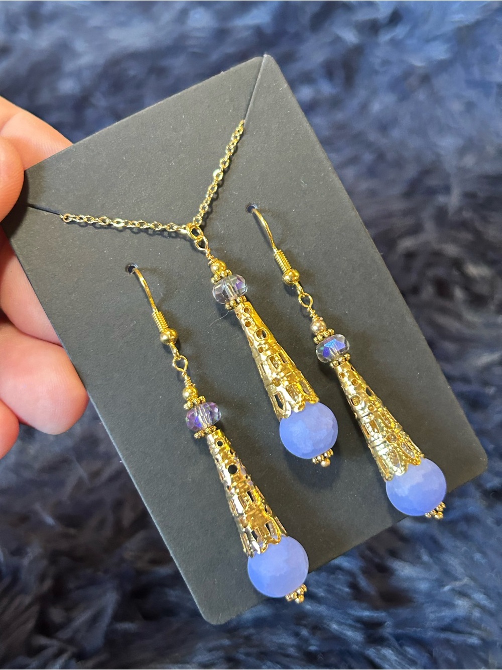 Handcrafted periwinkle crackle glass gold filigree coil necklace and earring set